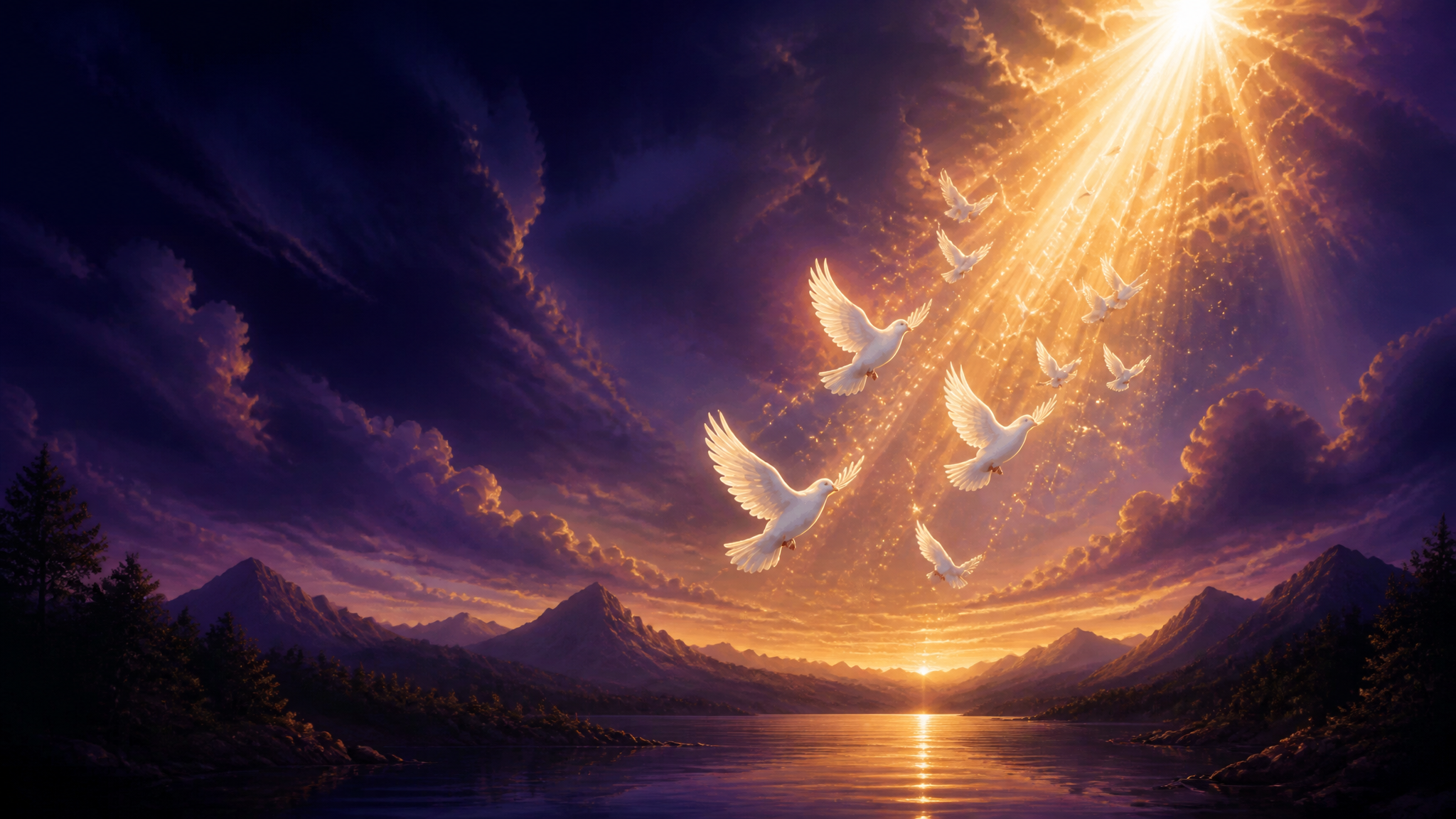 White doves rising toward warm light above mountains and still water